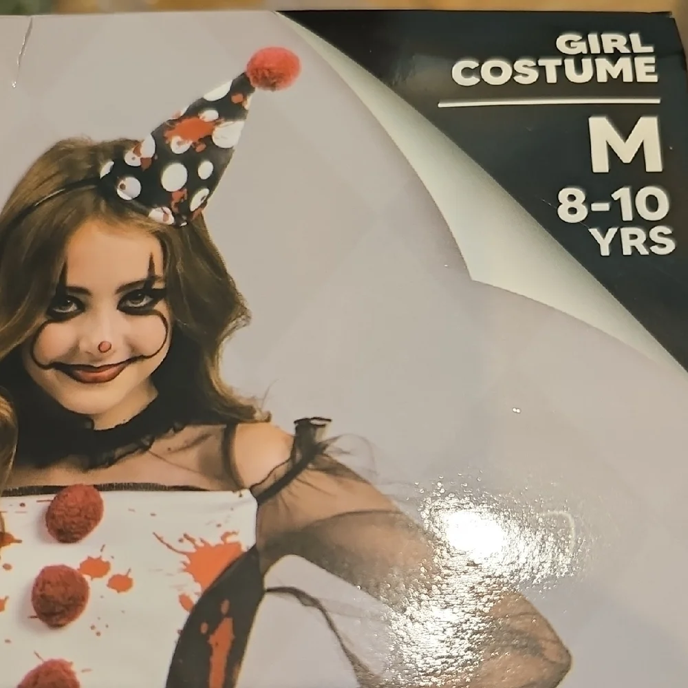 Creepy Clown Costume for Girls Dress, Stockings & Headband Size MED & Lrg